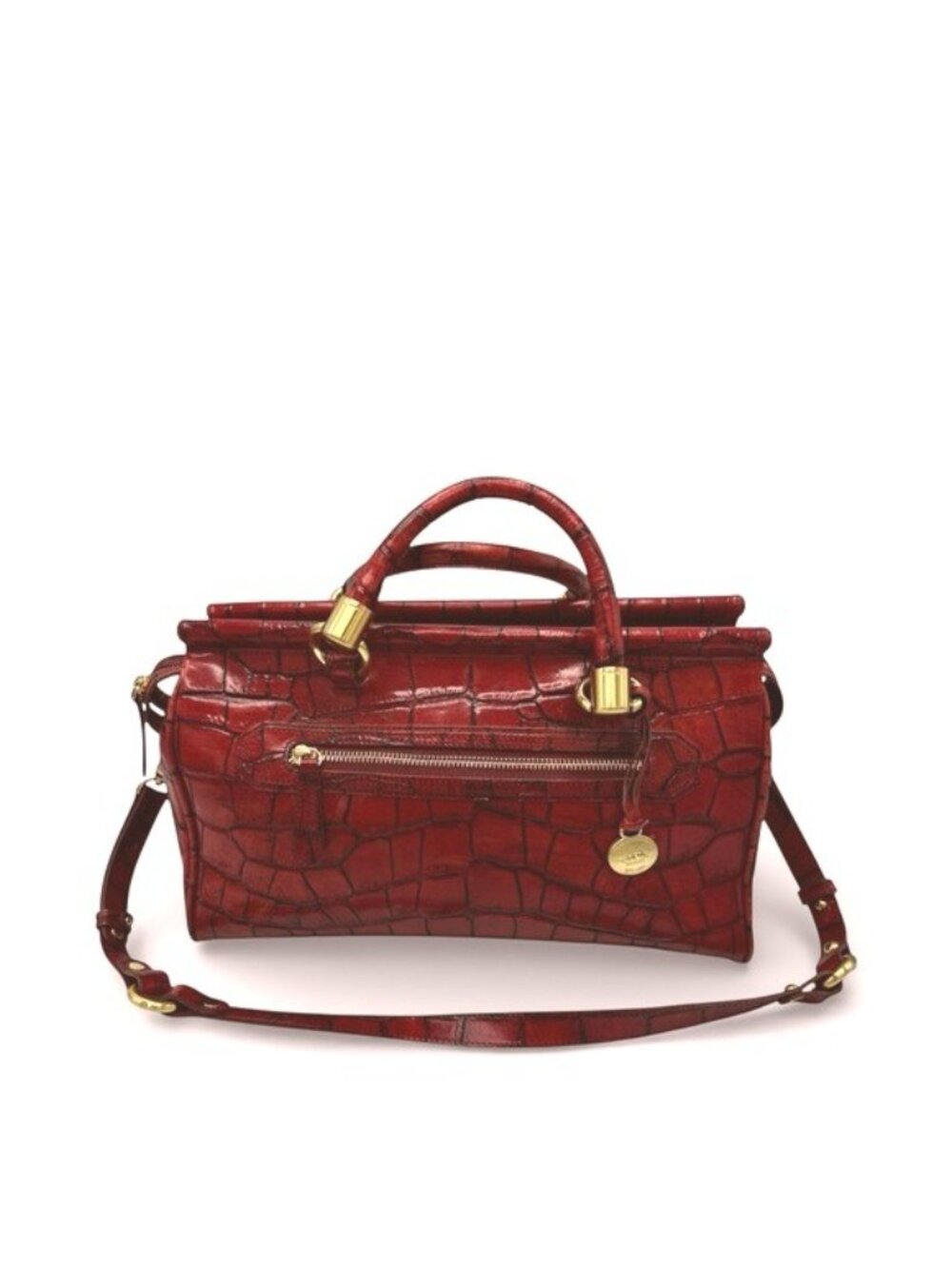 Brahmin Elegant Crocodile-Embossed Red Leather Satchel Handbag